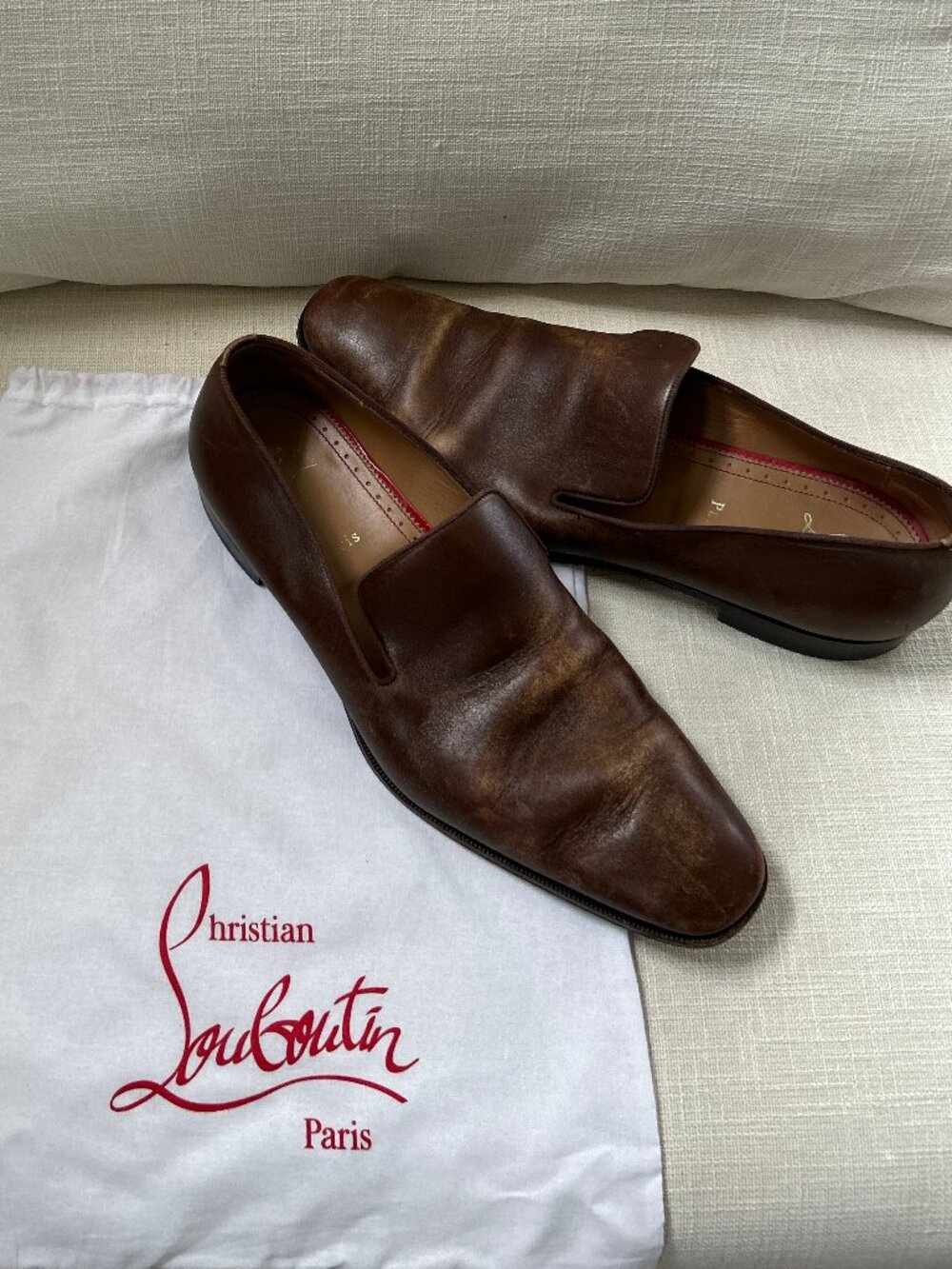 Christian Louboutin ~ Dandelion Brown Distressed Leather Loafers ~ 44 ~ sz. 11